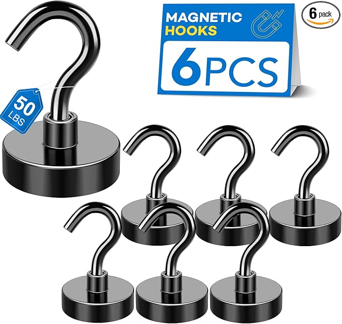 LOVIMAG Magnetic Hooks for Cruise Cabins, 50LBS, 6 Pack | Heavy Duty Neodymium Magnet with Hook Essentials for Classroom, Fridge, Ceiling, Hanger, Black by LOVIMAG
