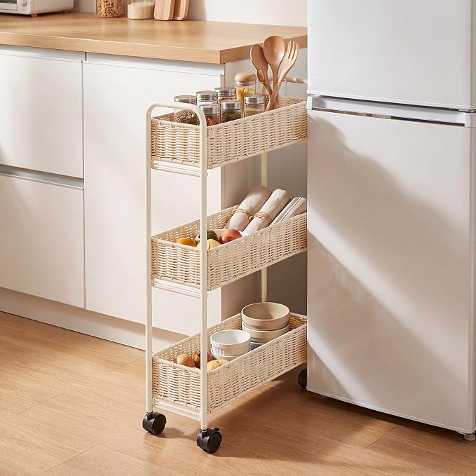 Utility Slim Storage Cart,3-Tier Rolling Kitchen Office Laundry Room Cart with Wheels,Mobile Shelving Unit Organizer for Living Room,Bathroom, Baby Diaper,Art,Dining Room Narrow Places by FOCHIERF