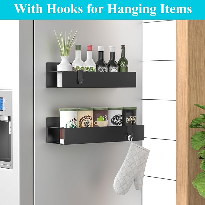 HuggieGems 2 Pack Magnetic Spice Storage Rack Organizer for Refrigerator and Oven, Matt Black Fridge Organizers and Storage | Magnetic Shelves Heavy Duty for Fridge in Kitchen, Seasoning Storage Organizer, For Oven Washer and Dryer, For Heavier Items - Image 2