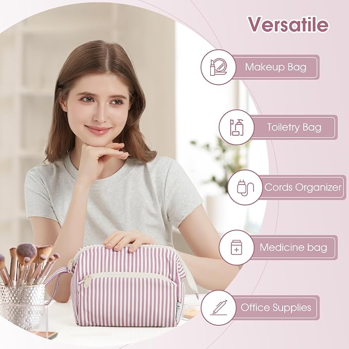 Narwey Striped Makeup Bag Women Wide-open Make up Bag Travel Cosmetic Bag Organizer Toiletry Bag for Cosmetics Toiletries Accessories (Dusty Rose Stripe) - Image 6