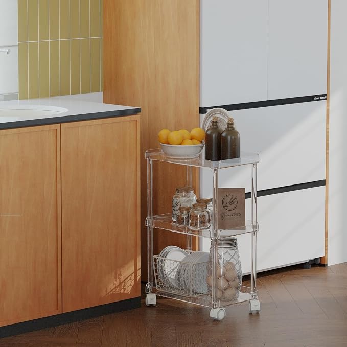 AQUIVER Acrylic 3 Tier Rolling Storage Cart - Small Utility Cart Organizer | Mobile Storage Cart Small Utility Cart for Bathroom, Laundry, Living Room, with Lockable Wheels, 15.6" L × 10.2" W × 23.6" H - Image 5