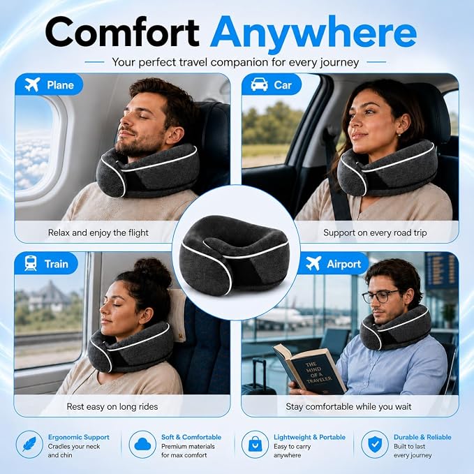 Travel Pillows for Airplanes - Memory Foam Neck Pillow for Sleeping and Travel - 360° Support Airplane Pillow Set with Eye Mask, Earplugs & Luggage Scale, Portable Travel Essentials - Dark Grey. - Image 6