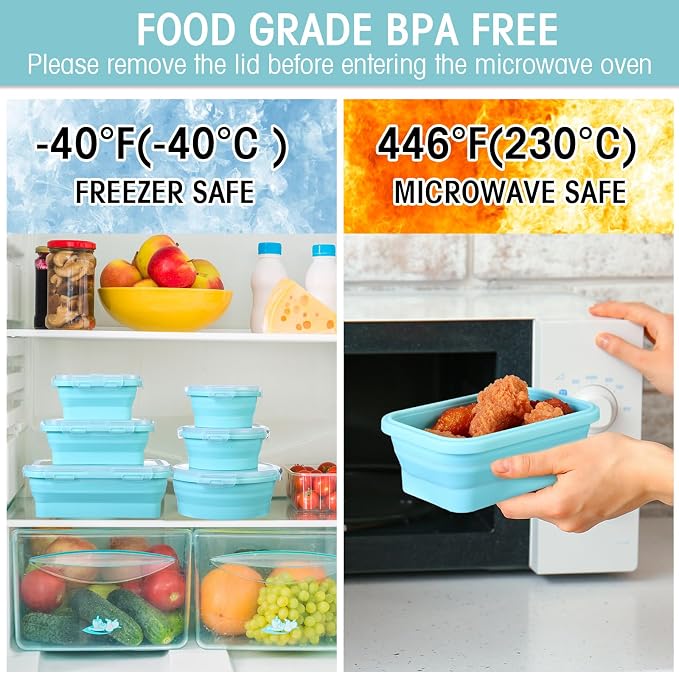 Yaomiao 16 Pack Collapsible Food Storage Container with Lid,Blue | Silicone Bowls with Air Vent, Foldable Rectangle Round Bowl ,For Rv Camping Meal Prep Organizing, Microwave Freezer Safe - Image 4