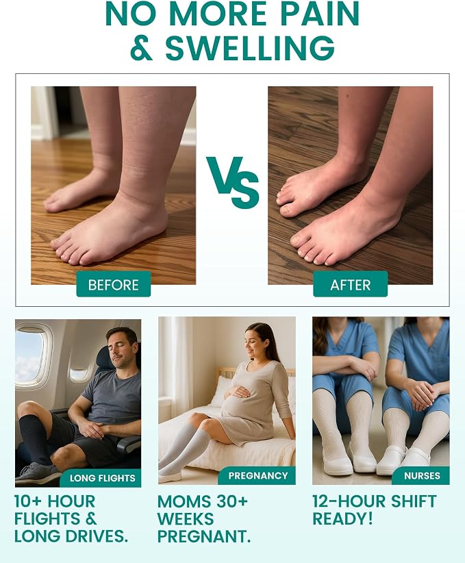 HAPIU 20-30mmHg Cotton Compression Socks for Women Men, Graduated Knee High Support Socks for Travel, Flight, Nurse - Image 3