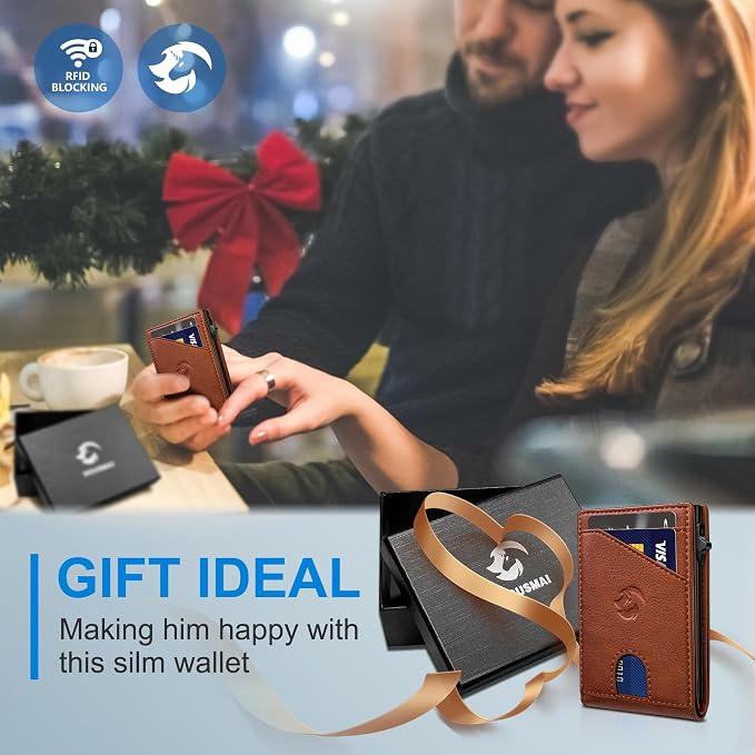 Wallet for Men, Slim Pop Up Card Holder with RFID Blocking, Minimalist Bifold Wallet with 9 Card Slots, ID Window and Cash Pocket, Metal Flip Case with Magnetic Closure, Gift Box - Image 9