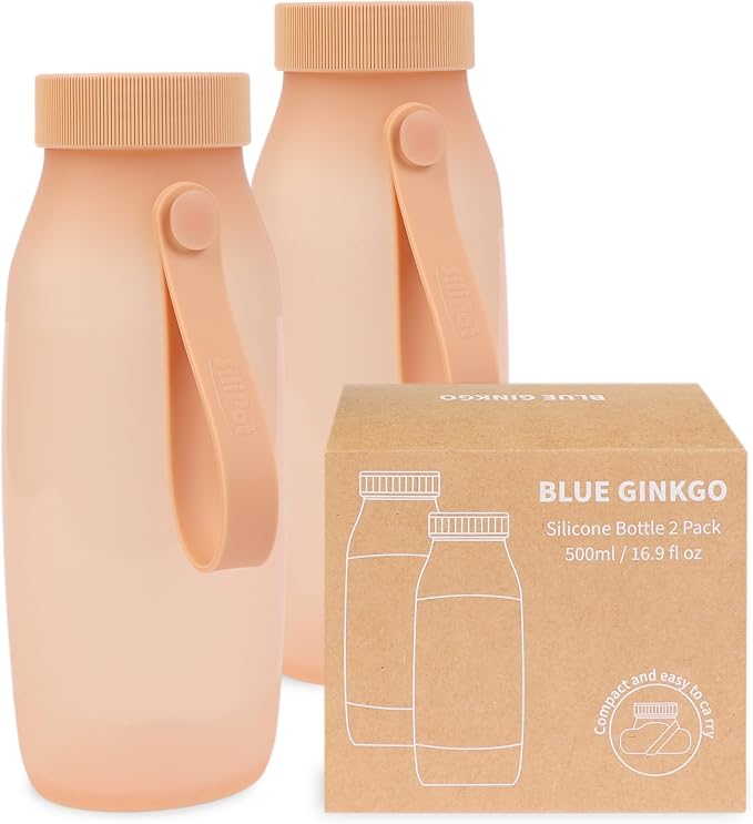 BLUE GINKGO Collapsible Water Bottle [2-Pack] – Lightweight, Foldable Silicone Bottles for Travel, Hiking, and Camping (16.9oz, Made in Korea, Peach) by BLUEGINKGO