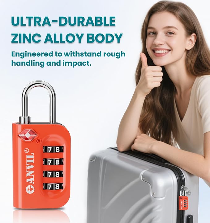 ANVIL TSA Approved Luggage Lock - 4 Digit Combination, 10,000 Combinations, Easy-Read Password Window, Travel Lock for Suitcases, Backpacks, Gym & Student Lockers, Baggage - Image 6