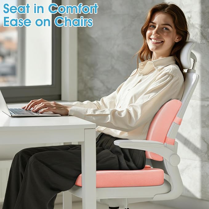 CushZone Seat Cushion and Lumbar Support Pillow for Office Chair, Pink | Ergonomic Memory Foam for Sciatica Pain Relief & Posture Correction, Non-Slip Chair Cushions for Car, Wheelchair and Travel - Image 4