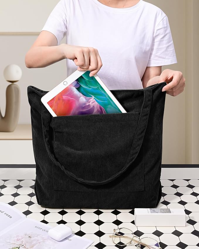 Iioscre Corduroy Tote Bag for Women,Hobo HandBags with Zipper | Large Capacity Casual Shoulder Bag with Inner Pockets for Shopping Work Daily Travel. - Image 2