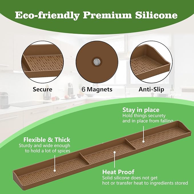 Stove Top Shelf 30 Inch - Silicone Material Magnetic Shelf for Stove-Bronze | 3 Functional Partitions,Heat Resistant Kitchen Spice Rack Organizer - Image 4