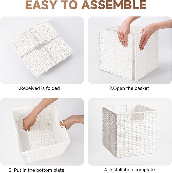 StorageWorks 11 inch Cube Storage Bin, White Storage Cubes, Wicker Baskets | 2-Pack, Handwoven Paper Rope White Wicker Baskets, Wicker Storage Cubes with Handles, Foldable Square Baskets for Organizing - Image 8