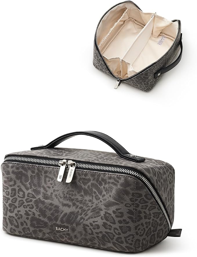 EACHY Travel Makeup Bag for Women, Flat Open Leopard Print Cosmetic Bag | Leopard-print PU leather cosmetic bag opens flat with dividers and clear TPU brush pocket for makeup and travel essentials - Image 6