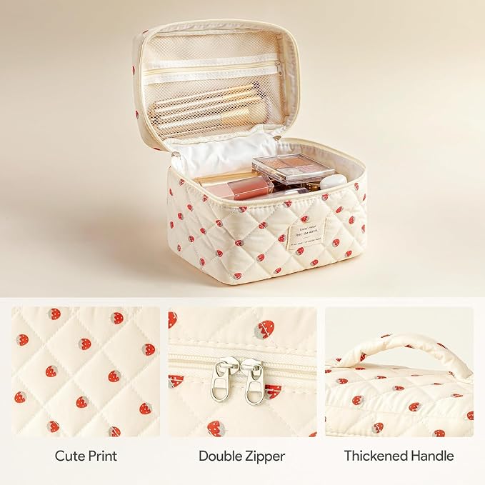 HBselect Quilted Makeup Bag, 3Pcs Cotton Large Travel Makeup Bags Organizer | Cute Floral Make up Bag Cosmetic Bag Toiletry Bag for Women Girls, Makeup Pouch for Skincare, Brushes & Travel Essentials - Image 3