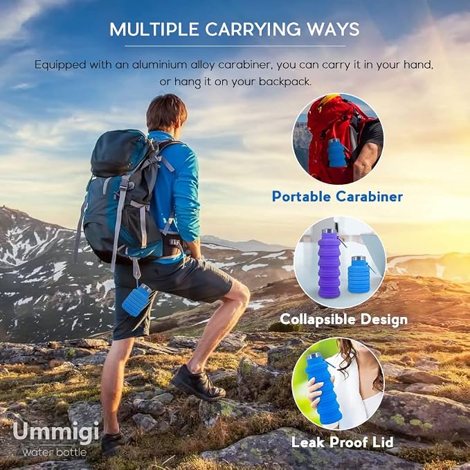 Collapsible Water Bottles 3 pack17oz (Black+Purple+Blue | BPA Free Travel Silicone Water Bottle with Carabiner，Reusable Foldable Portable Sports Bottle for Travel Camping Hiking - Image 3