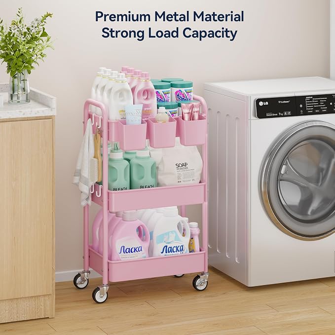 3 Tier Rolling Cart, Heavy Duty Metal Utility Cart with Wheel Pink | Sturdy Rolling Storage Cart With Hooks & Hanging Cups, Great For Craft, Art Workspace, Kitchen ,Snack And Office Storage - Image 2