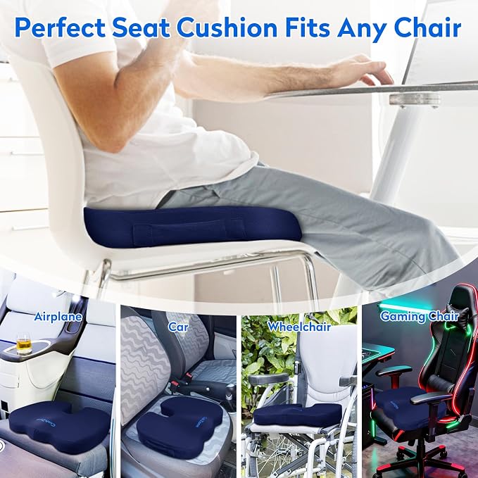 CushZone XL Memory Foam Seat Cushion for Office, Car & Wheelchair, Blue | U-shaped Coccyx Cutout, Contoured Design, Breathable Removable Mesh Cover, Non-Slip Base, Carry Handle - Image 5