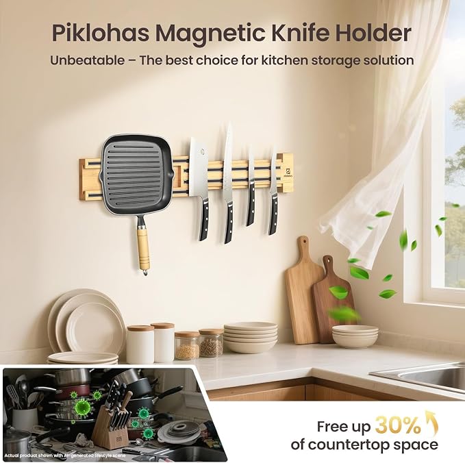 Extendable Magnetic Knife Holder for Wall, 16-32 Inch Adjustable | Rubber Wood Knife Block, Kitchen Utensil Holder, Magnetic Tool Holder, Double Magnetic Strips, 4 Hooks Included, Ideal Gift - Image 5