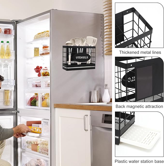 Magnetic Utensil Holder for Fridge Large Silverware Organizer Kitchen Utensil Organizer with Draining Kitchen Counter Sturdy Black Metal Cooking Caddy Storage for Silicone Spatula Fork Spoon - Image 3