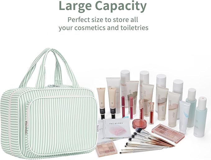 Narwey Striped Travel Toiletry Bag for Women Large Hanging Makeup Bag Organizer Toiletries Bag for Full Size Essentials Accessories Cosmetics (Mint Green Stripe (Large)) - Image 6