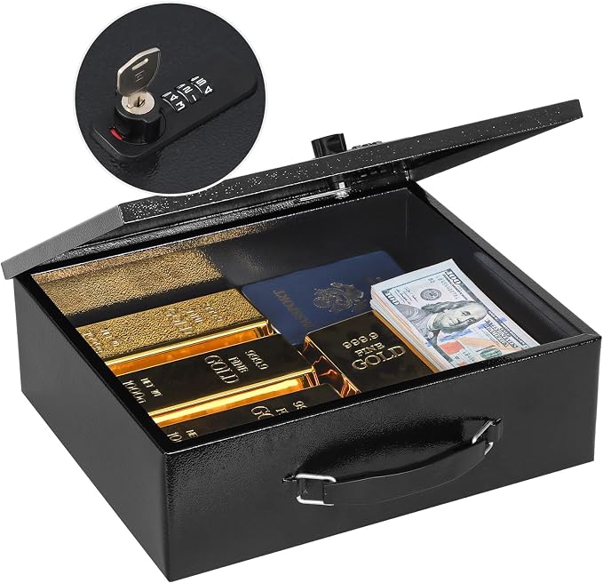 KYODOLED Fireproof Lock Box for Documents, Dual Combination and Key Lock Security with Carrying Handle, Metal Strong Safe Box to Keep Personal Items, Documents, Exterior 13.2''x 11''x4.13'', Black by KYODOLED