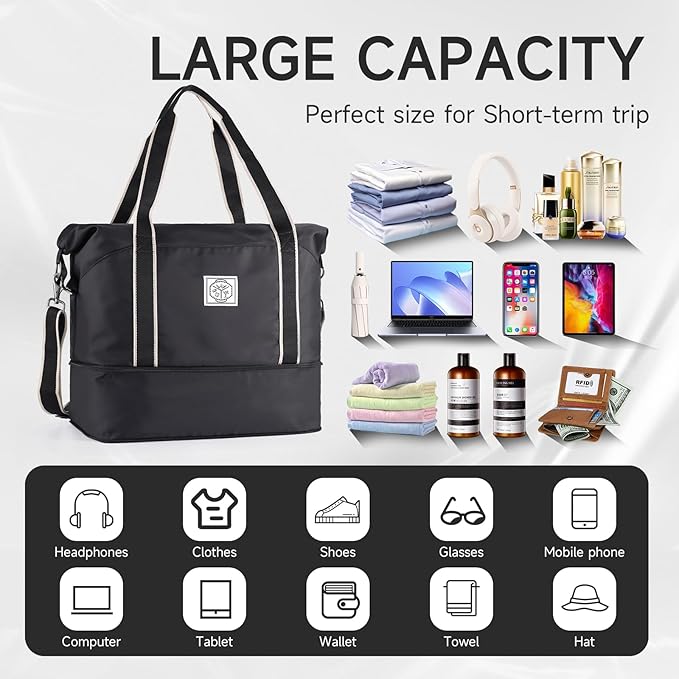 WALNEW Travel Duffel Bag, Weekender Overnight Carry On Bag for Women Men, Foldable Waterproof Gym Luggage with Metal Buckle Detachable Shoulder Strap and Wet Compartment (Black) | Overnight Carry On Bag, Foldable Waterproof Gym Luggage with Metal Buckl... - Image 3