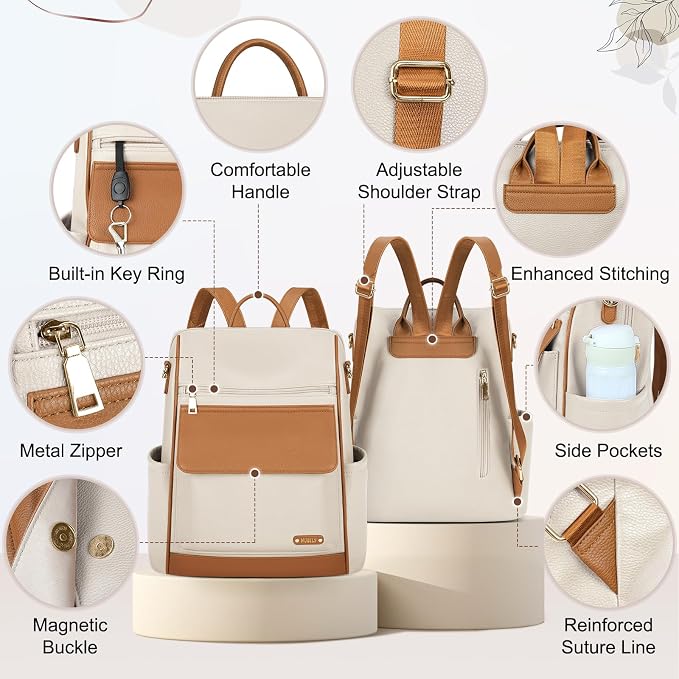 NUBILY Backpack Purse for Women Leather Anti-Theft Mini Backpack Fashion Designer Handbag Convertible Travel Bag Ladies Shoulder Bags, Beige - Image 5