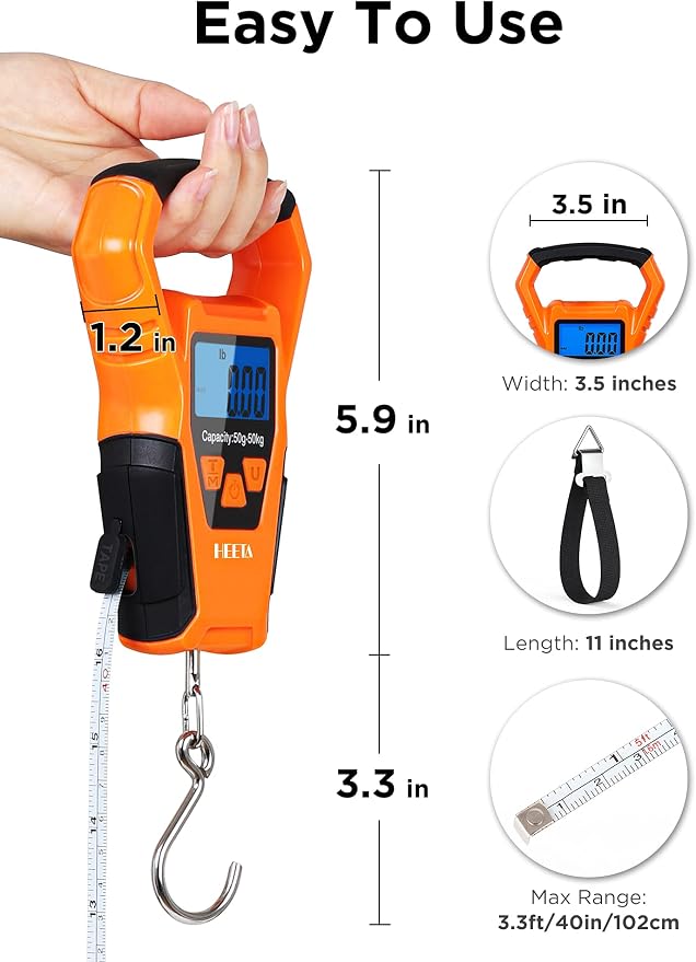 HEETA Waterproof Fish Scale Digital Hanging Fishing Luggage Weight Scale | Up 110lb/50kg Portable Scale with Backlit LCD Display, for Home & Outdoor, Measuring Tape and 2 AAA Batteries Included - Image 2