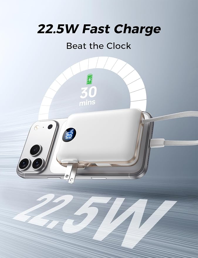 Portable Charger Power Bank 10000mAh,Built-in Cables & AC Plug | Built-in Cables & AC Plug, 22.5W Fast Charging, 4-Device Charging, Travel Essential, for iPhone, iPad & Samsung Galaxy, White - Image 3