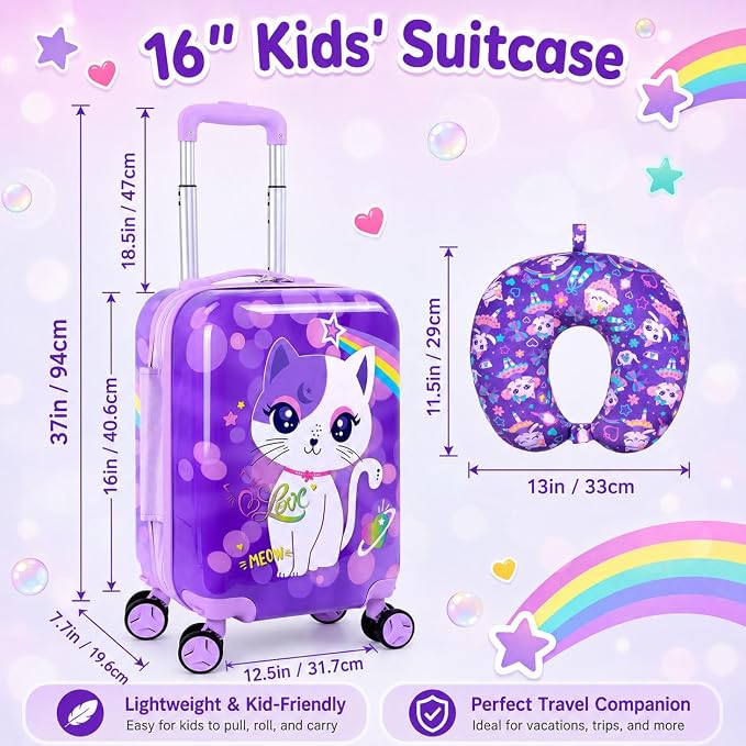 Lightweight Hardshell Spinner Suitcase Set for Kids 2PCS with Wheels - Airplane Approved Carry-On Luggage for Girls& Children Ages 3-10, Purple Cat Rolling Suitcases for Elementary Toddler Travel - Image 4
