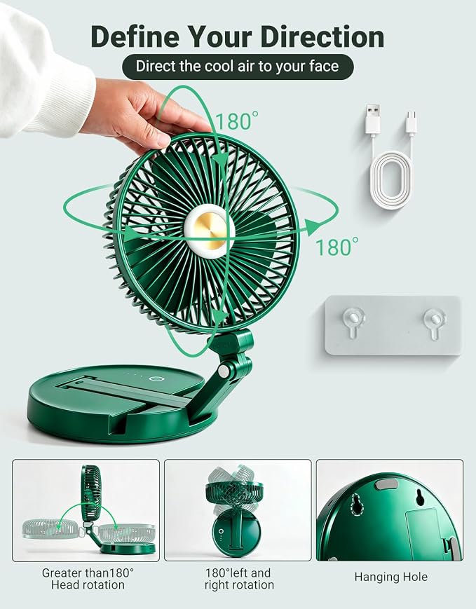 Portable Foldable Oscillating Fan, 6000mAh Battery Powered USB Rechargeable Fan, 16.1 Inches Wireless Desk Fan for Bedroom, Office, Camping and Travel, Green - Image 3
