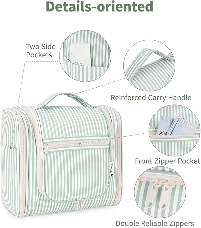 Narwey Striped Hanging Travel Toiletry Bag for Women, Travel Bag for Toiletries, Makeup Bag Organizer Cosmetic Bags Make Up Bags for Women (Mint Green Stripe) - Image 6