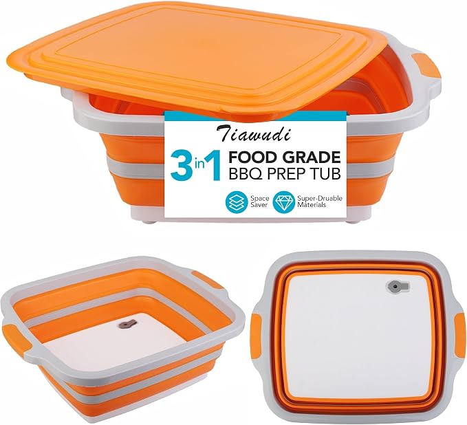 Collapsible Cutting Board with Container, Foldable Camping Sink with Colander, BBQ Prep Tub with Lid, Multifunction Dish Basin for Kitchen, Bowl, Vegetable and Fruit, 2.11 Gal/8L Storage Basket by Tiawudi