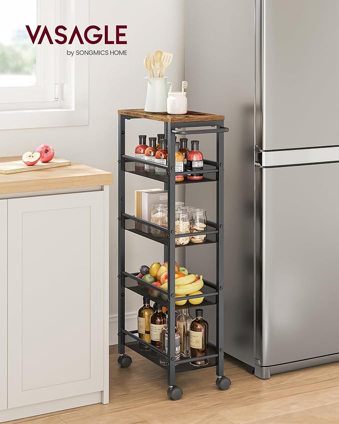 VASAGLE Slim Rolling Cart, 5-Tier, 8.7 Inches Deep, Steel Frame | Storage Cart with Handle, Narrow for Kitchen, Living Room, Rustic Brown and Matte Black, DACEY Collection ULRC035B01 - Image 2