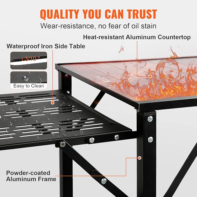 VEVOR Camping Kitchen Table, Aluminum Folding Portable Outdoor Cook Station with 4 Iron Side, 2 Shelves & Carrying Bag, Quick Installation for Picnic BBQ Beach Traveling - Image 5