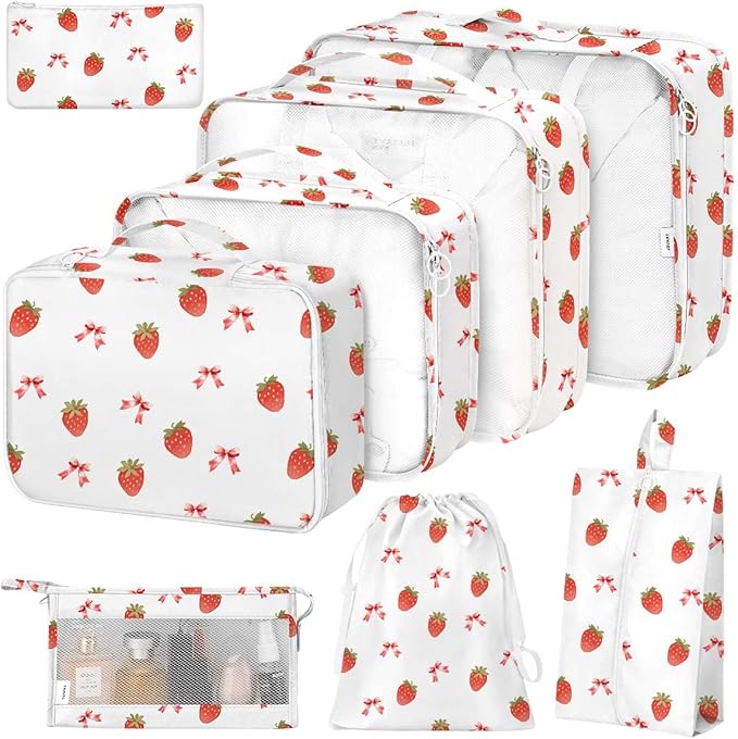 8 Set Packing Cubes for Suitcases,Packing Cube with Shoe, Cosmetics, Clothing, and Accessories Bags Packing Cubes for Travel Luggage Organizer Women Men(Strawberry Bows) by Hatisan