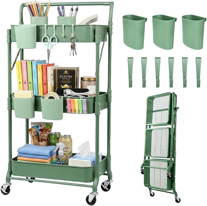 Amatic 3-Tier Folding Rolling Utility Cart with Wheels, Metal Foldable Storage Cart Organizer with 3 Hanging Cups & 6 Hooks for Kitchen, Office, Living Room, Nursery(Green) by Amatic