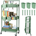 Amatic 3-Tier Folding Rolling Utility Cart with Wheels, Metal Foldable Storage Cart Organizer with 3 Hanging Cups & 6 Hooks for Kitchen, Office, Living Room, Nursery(Green) by Amatic