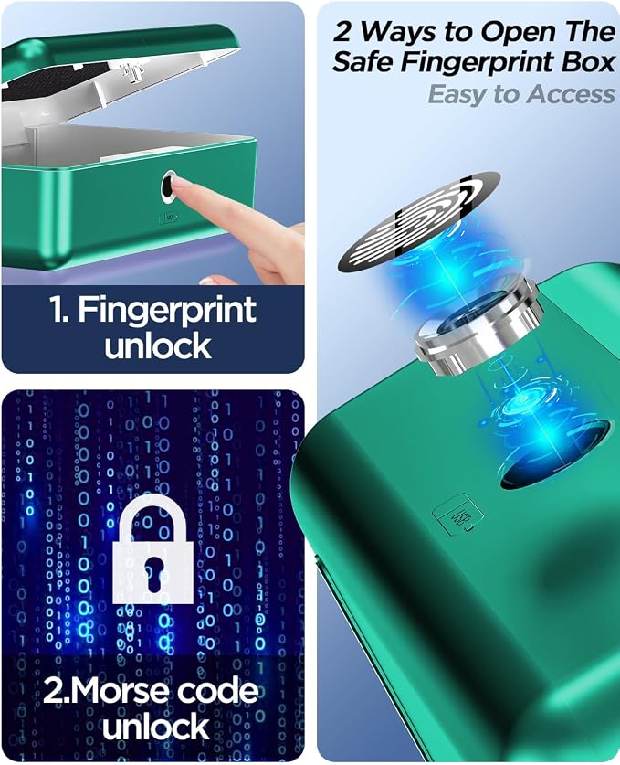 AICase Biometric Fingerprint Storage Box, Portable Security Box for Money Jewelry Safe Combination Lock for Car Home Office Travel Green - Image 2