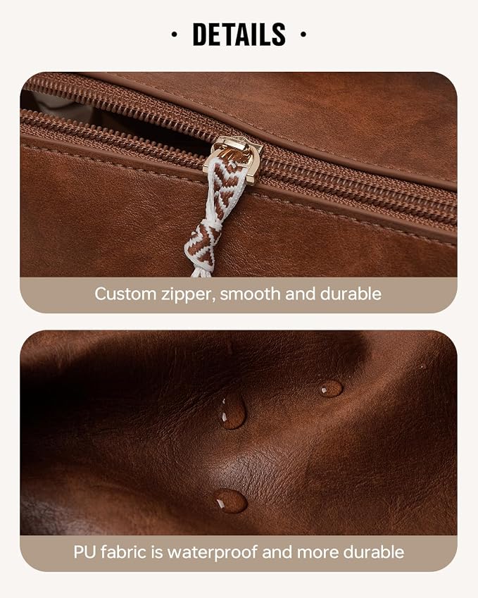 EACHY Travel Makeup Bag for Women, PU Leather Cosmetic Bag, Brown, Medium | Water-resistant PU leather exterior with flat-open access, clear TPU brush compartment and organized storage for cosmetics - Image 5