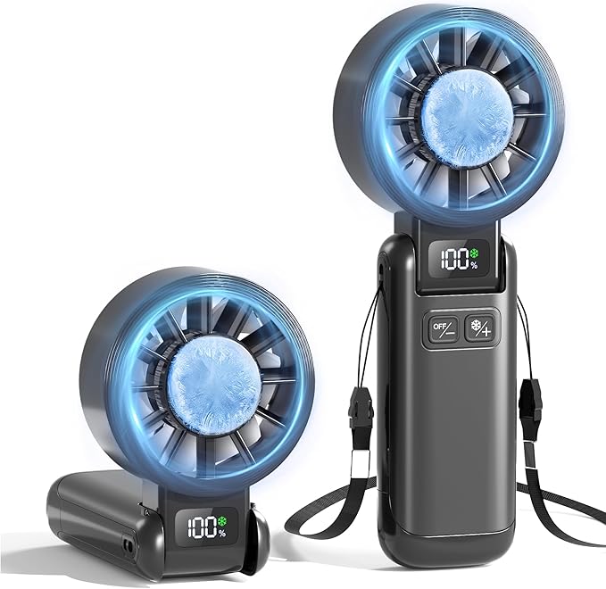 Handheld Portable Fan Ice Cooling 3-in-1 Hand, Desk & Neck Fan | 5-Speed, Independent Switch, Digital Display, Up to 12H Runtime, Foldable Personal Fan for Travel/Concerts/Sport Events/Gifts by HusdenskyHandheldFan