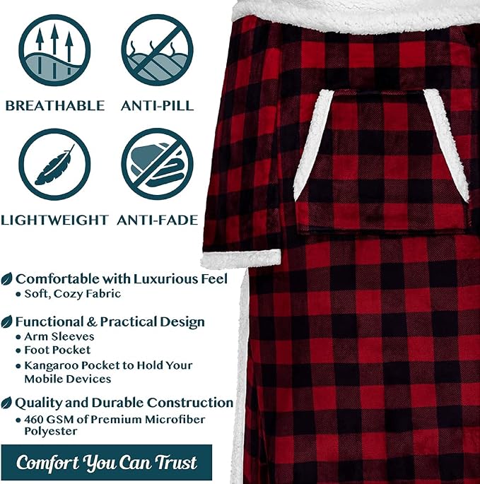 PAVILIA Sherpa Blanket with Sleeves, Foot Pocket for Women Men Adults, Thick Wearable Blanket Throw Wrap, Fleece Warm Snuggle Blanket Robe, Cozy Gift Ideas Wife Mom, Checkered Red - Image 4