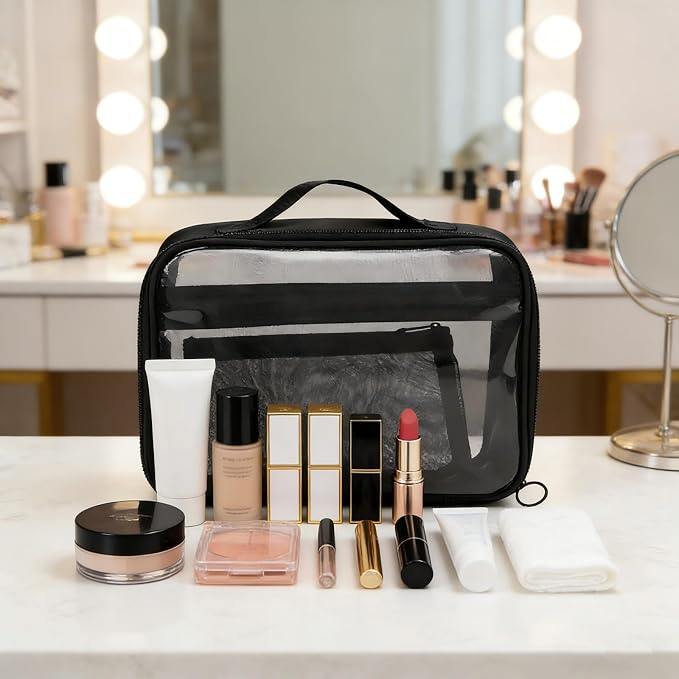 TSA Approved Toiletry Bag, Clear Makeup Bags with Multi Layer Mesh Pockets, Portable Large Capacity PVC Cosmetic Bags with Zipper for Travel Essentials - Image 2