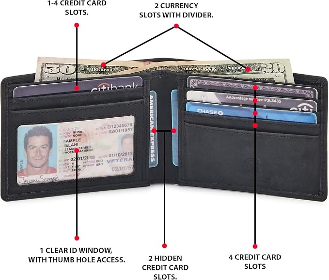 Real Leather Mens Bifold Wallet RFID Blocking Slim Minimalist Front Pocket - Thin & Stylish with ID Window in Gift Box (Crazy Horse, Black) - Image 3