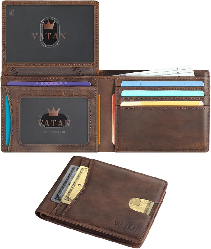 VATAN Wallet for Men Slim RFID Blocking Leather Credit Card Holder Wallet for 15 Cards, Bifold Minimalist Thin Wallet with 2 ID Windows & Cash Slot, With Gift Box (CH Coffee) by VATAN
