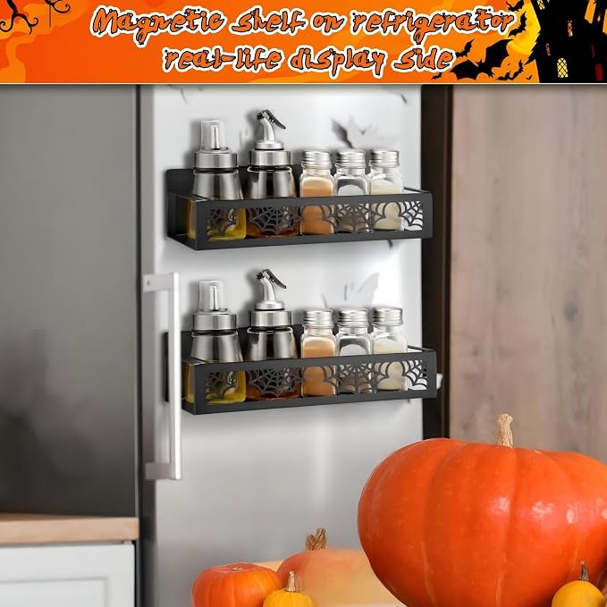 Beeveer 2 Pcs Magnetic Spice Rack for Refrigerator, Black Spider | Halloween Gothic Kitchen Decor, Spooky Home Accessories, 2 Sizes Metal Storage Shelf for Fridge Spices, No Drilling - Image 2