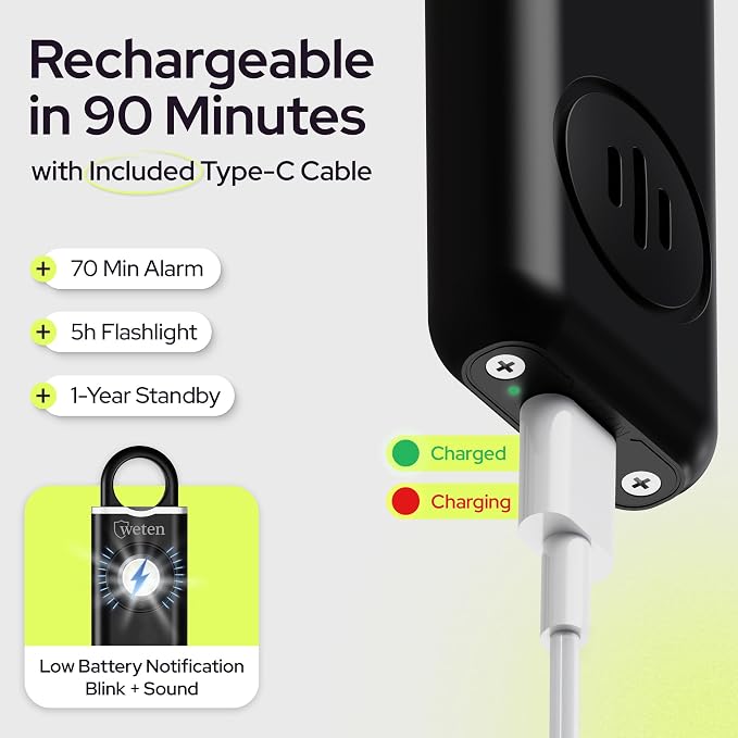 Rechargeable Personal Safety Alarm Keychain, 130dB, USB-C Charging, Black | Low Battery Alert, Carabiner Clip, LED Light, Pin Activated, Self Defense Panic Siren for Women - Image 4