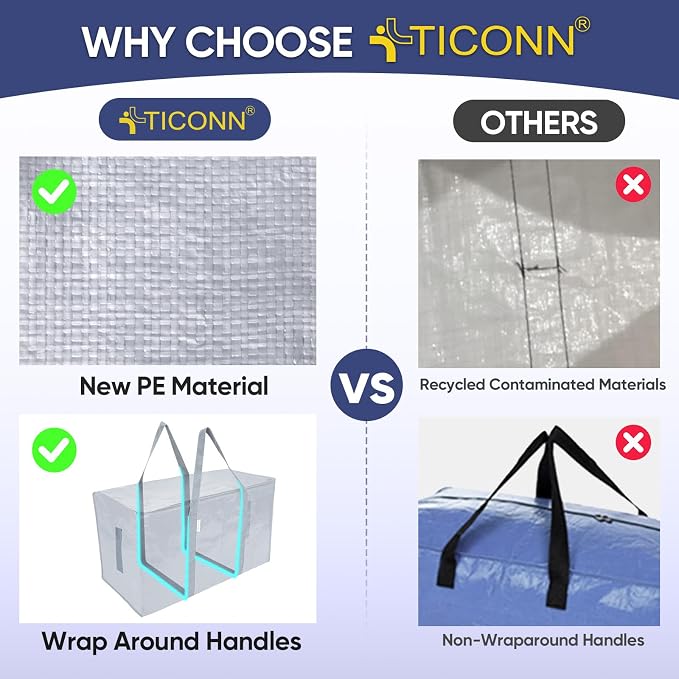 TICONN 4 Pack Extra Large Moving Bags Heavy Duty with Zippers & Carrying Handles, Durable Storage Bags Moving Boxes for Closet Organizers and Storage (4 Pack, Light Grey) - Image 4