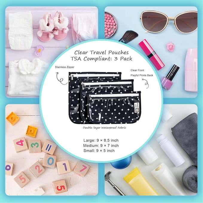 HIONXMGA Set of 3 Clear Travel Toiletry Bag, TSA Approved, Quart Size S/M/L | Clear Front Zipper Pouches Waterproof Cosmetics Bags for Women Kids Toiletries Baby Essentials Well-Organized Carry, PlusXX - Image 5