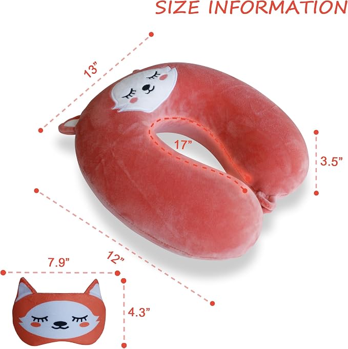 Sexysamba Cartoon Headrest & Neck Pillow for Kids Boys & Girls, Teens, Travel Accessories for Airplane, Car, Recline, Memory Foam Cute Travel Pillow with Sleep Eye Mask - Fox - Image 2