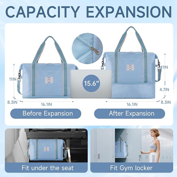 WALNEW Travel Duffel Bag, Weekender Bag for Women, Light Blue | Overnight Carry On Bag, Foldable Waterproof Gym Luggage with Metal Buckle Detachable Shoulder Strap and Wet Compartment - Image 2